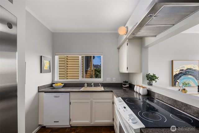 1812 25th Ave Unit C, Seattle, WA 98122 - kitchen featuring dishwasher, electric range oven, ventilation hood, crown molding, and dark countertops