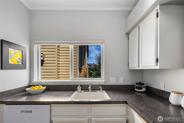 1812 25th Ave Unit C, Seattle, WA 98122 - kitchen featuring dishwasher, dark countertops, white cabinetry, and crown molding