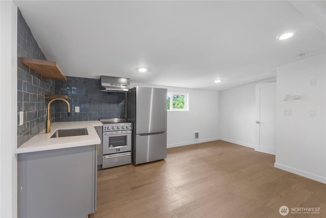 10303 40th Ave E, Tacoma, WA 98446 - kitchen with appliances with stainless steel finishes, wall chimney range hood, open shelves, light countertops, and backsplash