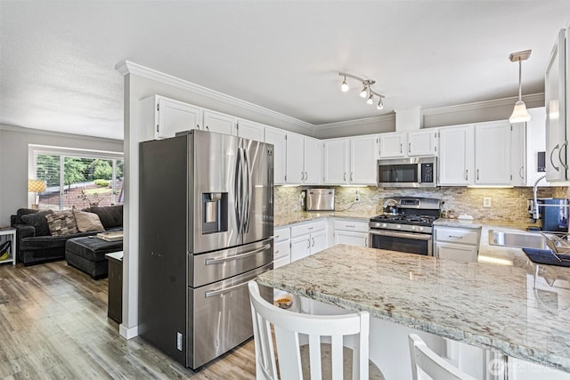 3288 NW Happy Hollow Ln, Silverdale, WA 98383 - kitchen with stainless steel appliances, a peninsula, light wood-type flooring, ornamental molding, and light stone countertops