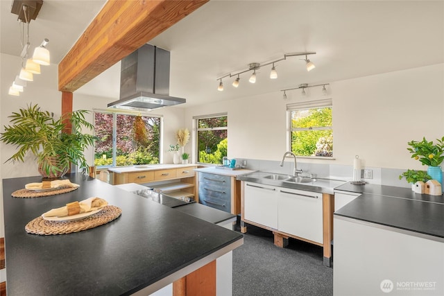 2842 NW 67th St, Seattle, WA 98117 - kitchen featuring wall chimney exhaust hood, white cabinetry, and hanging light fixtures