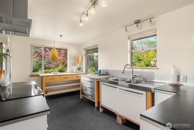 2842 NW 67th St, Seattle, WA 98117 - kitchen featuring white cabinetry, track lighting, dark countertops, and hanging light fixtures