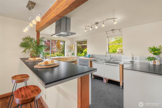 2842 NW 67th St, Seattle, WA 98117 - kitchen featuring wall chimney exhaust hood, stainless steel counters, white cabinetry, a kitchen bar, and pendant lighting