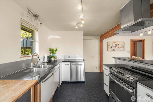 2842 NW 67th St, Seattle, WA 98117 - kitchen with appliances with stainless steel finishes, wall chimney range hood, white cabinetry, rail lighting, and stainless steel counters