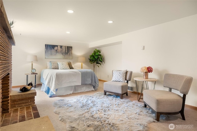 2842 NW 67th St, Seattle, WA 98117 - bedroom featuring recessed lighting, carpet flooring, and a fireplace