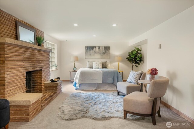 2842 NW 67th St, Seattle, WA 98117 - bedroom featuring carpet flooring, recessed lighting, and a fireplace