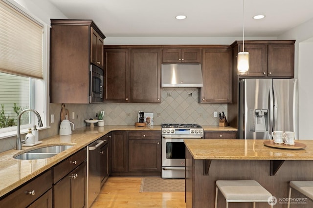 8829 138th Ct SE, Newcastle, WA 98059 - kitchen featuring appliances with stainless steel finishes, under cabinet range hood, light wood-style flooring, dark brown cabinetry, and pendant lighting