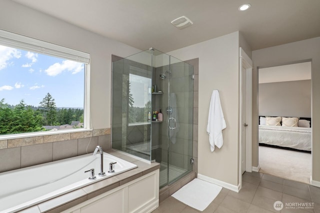8829 138th Ct SE, Newcastle, WA 98059 - ensuite bathroom with a bath, tile patterned flooring, a stall shower, and recessed lighting