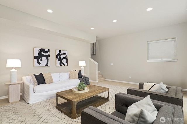 8829 138th Ct SE, Newcastle, WA 98059 - living room featuring stairway, light carpet, and recessed lighting