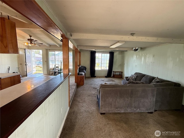 1309 29th St, Anacortes, WA 98221 - living room featuring carpet, beamed ceiling, ceiling fan, and wooden walls