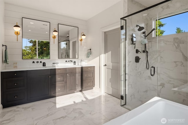 4405 88th Ave SE, Mercer Island, WA 98040 - full bath featuring a marble finish shower, marble finish floors, double vanity, and a tub