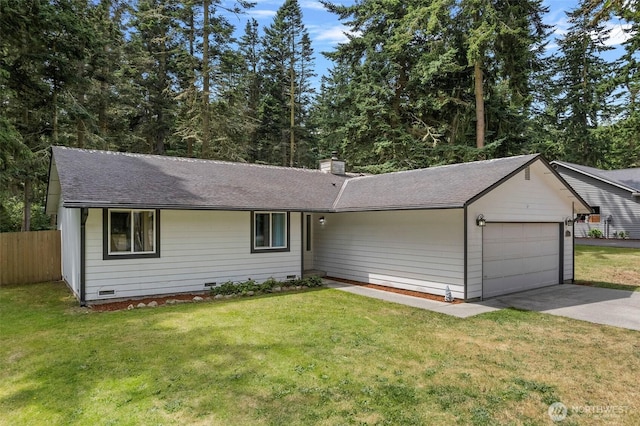2253 Wellman Pl, Oak Harbor, WA 98277 - ranch-style home featuring a garage, crawl space, concrete driveway, roof with shingles, and a chimney