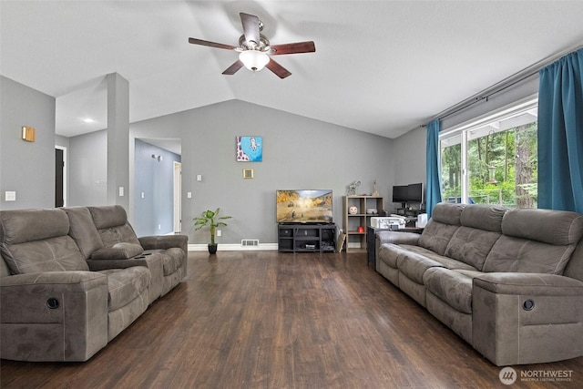 2253 Wellman Pl, Oak Harbor, WA 98277 - living area featuring a ceiling fan, vaulted ceiling, and wood finished floors