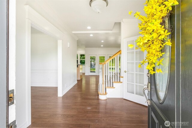 5476 Lorri Ln, Moses Lake, WA 98837 - entryway with crown molding, dark wood-style floors, recessed lighting, and stairs