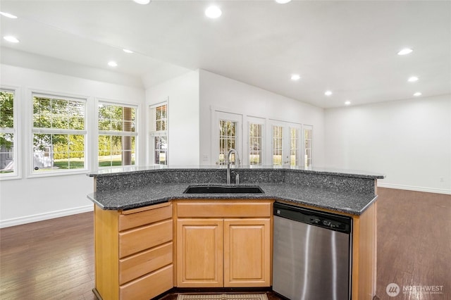 5476 Lorri Ln, Moses Lake, WA 98837 - kitchen featuring dishwasher, dark wood-style floors, recessed lighting, a center island with sink, and dark stone countertops