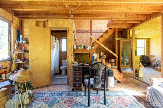 1884 Dowans Creek Rd, Forks, WA 98331 - office area featuring plenty of natural light, a wooden ceiling with exposed beams, and wood finished floors