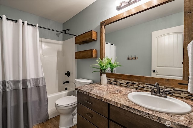 406 Harrison Ln, Nooksack, WA 98276 - full bath with vanity, tasteful backsplash, shower / tub combo with curtain, and wood finished floors