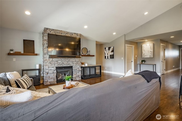 406 Harrison Ln, Nooksack, WA 98276 - living room featuring lofted ceiling, wood finished floors, recessed lighting, and a fireplace