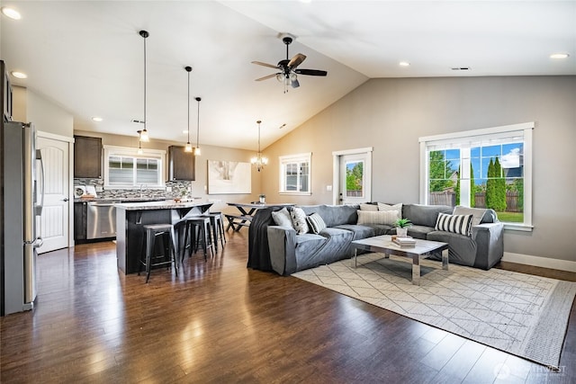 406 Harrison Ln, Nooksack, WA 98276 - living room featuring a ceiling fan, dark wood finished floors, a chandelier, high vaulted ceiling, and recessed lighting