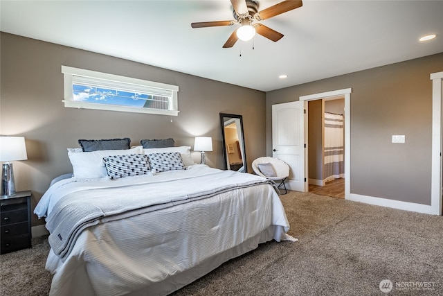 406 Harrison Ln, Nooksack, WA 98276 - carpeted bedroom with recessed lighting, connected bathroom, and a ceiling fan
