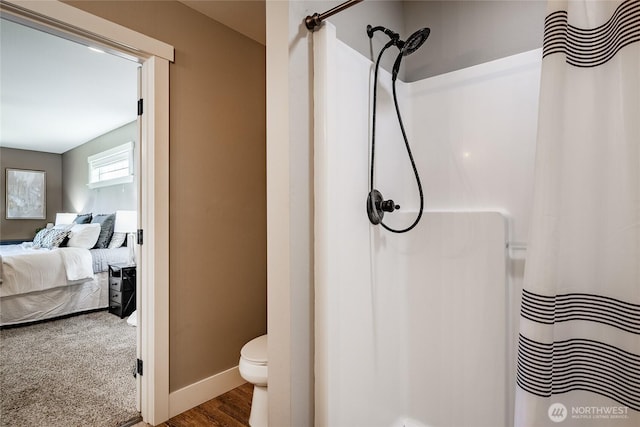 406 Harrison Ln, Nooksack, WA 98276 - full bath featuring curtained shower, wood finished floors, and connected bathroom