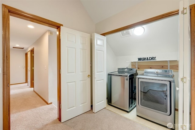 632 97th Ave SE, Lake Stevens, WA 98258 - washroom featuring washing machine and clothes dryer, light colored carpet, and recessed lighting