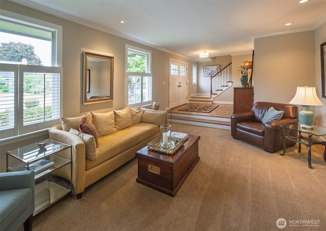 4546 193rd Pl SE, Issaquah, WA 98027 - carpeted living room with crown molding, stairs, and recessed lighting