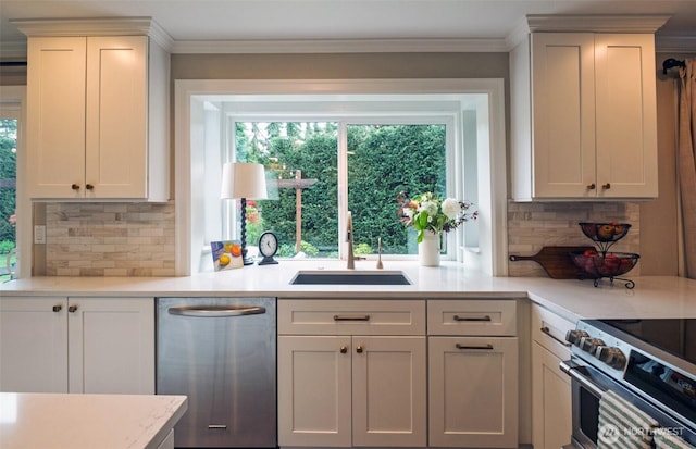 4546 193rd Pl SE, Issaquah, WA 98027 - kitchen with stainless steel dishwasher, light countertops, tasteful backsplash, ornamental molding, and white cabinets