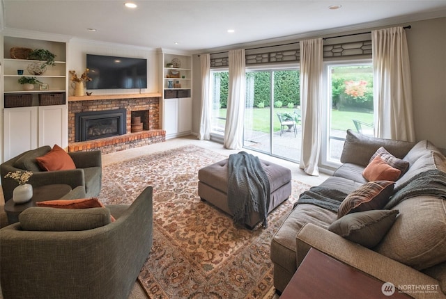 4546 193rd Pl SE, Issaquah, WA 98027 - living room featuring crown molding, a fireplace, recessed lighting, built in features, and carpet flooring