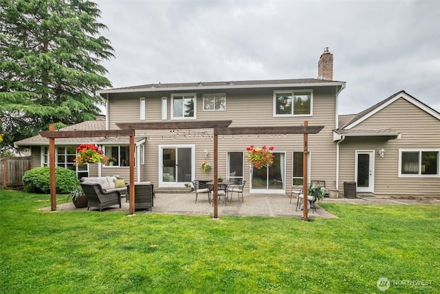 4546 193rd Pl SE, Issaquah, WA 98027 - rear view of house with a pergola, a chimney, outdoor lounge area, and a patio