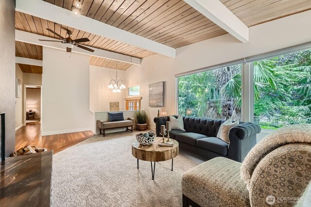 11446 Ohde Ave, Kirkland, WA 98033 - living area featuring a chandelier, wooden ceiling, a ceiling fan, and wood finished floors