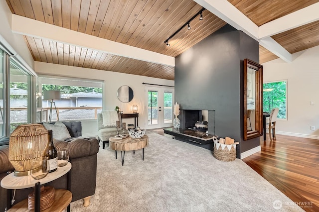 11446 Ohde Ave, Kirkland, WA 98033 - living room with french doors, track lighting, wood finished floors, and wood ceiling