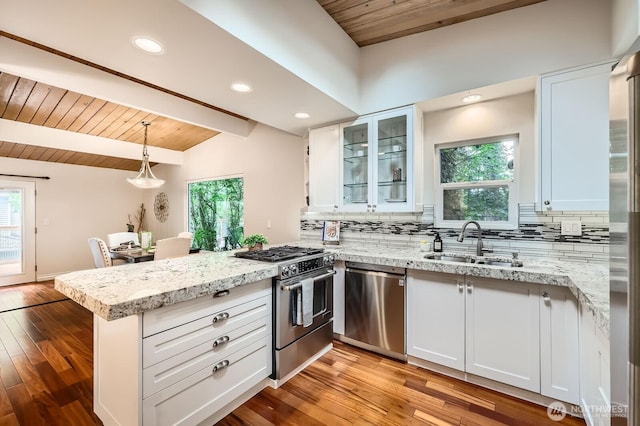 11446 Ohde Ave, Kirkland, WA 98033 - kitchen featuring appliances with stainless steel finishes, a peninsula, wood ceiling, white cabinetry, and tasteful backsplash