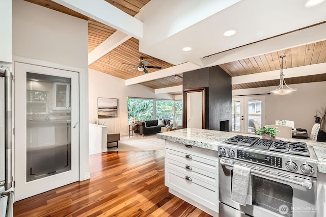11446 Ohde Ave, Kirkland, WA 98033 - kitchen featuring gas stove, ceiling fan, wood ceiling, open floor plan, and french doors