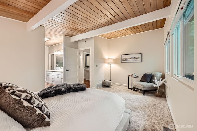 11446 Ohde Ave, Kirkland, WA 98033 - bedroom featuring carpet, a wooden ceiling with exposed beams, and ensuite bath