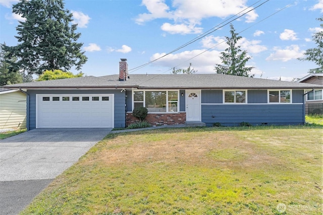 7611 Easy St, Everett, WA 98203 - ranch-style home featuring an attached garage, a chimney, concrete driveway, and a front yard