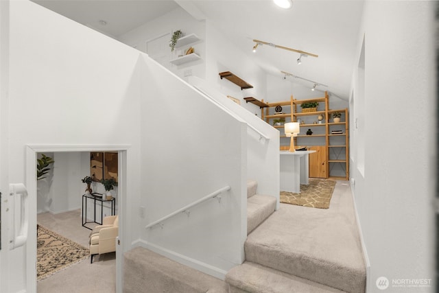 15516 10th Ave NE, Shoreline, WA 98155 - stairs featuring carpet floors and high vaulted ceiling