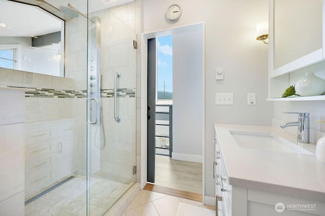 950 Beckett Point Rd, Port Townsend, WA 98368 - full bathroom featuring a shower stall, vanity, and tile patterned floors