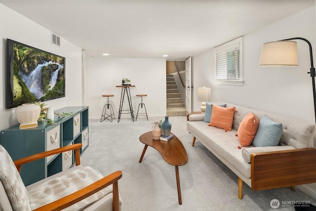 4754 46th Ave NE, Seattle, WA 98105 - living room featuring stairway, carpet flooring, and recessed lighting