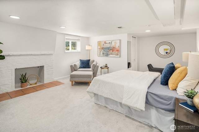 4754 46th Ave NE, Seattle, WA 98105 - carpeted bedroom featuring a brick fireplace and recessed lighting