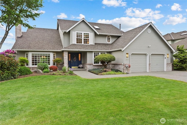 2601 59th St SW, Everett, WA 98203 - traditional home with an attached garage, brick siding, a front lawn, roof with shingles, and driveway