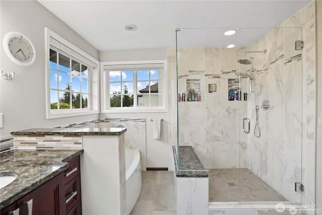2601 59th St SW, Everett, WA 98203 - full bath featuring a marble finish shower, vanity, a garden tub, and recessed lighting
