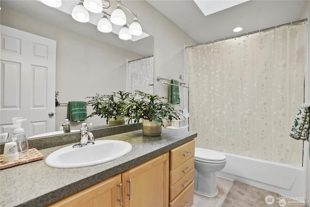 2601 59th St SW, Everett, WA 98203 - full bathroom featuring vanity, tile patterned flooring, a skylight, and shower / bath combination with curtain