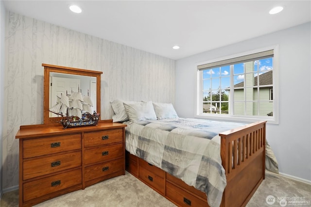 2601 59th St SW, Everett, WA 98203 - bedroom with light colored carpet, wallpapered walls, and recessed lighting