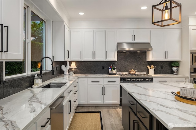 8907 NE 152nd Pl, Bothell, WA 98011 - kitchen featuring under cabinet range hood, appliances with stainless steel finishes, white cabinetry, and recessed lighting
