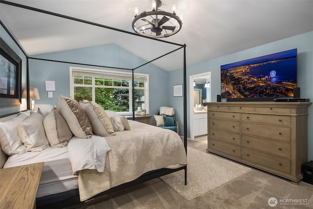 8907 NE 152nd Pl, Bothell, WA 98011 - bedroom featuring a chandelier, vaulted ceiling, light colored carpet, and ensuite bathroom