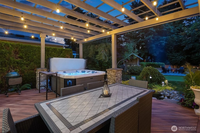 8907 NE 152nd Pl, Bothell, WA 98011 - view of patio featuring a deck, a hot tub, outdoor dining space, and a pergola