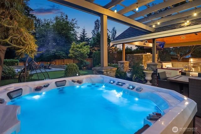 8907 NE 152nd Pl, Bothell, WA 98011 - view of swimming pool featuring a hot tub, area for grilling, a fenced backyard, and a pergola
