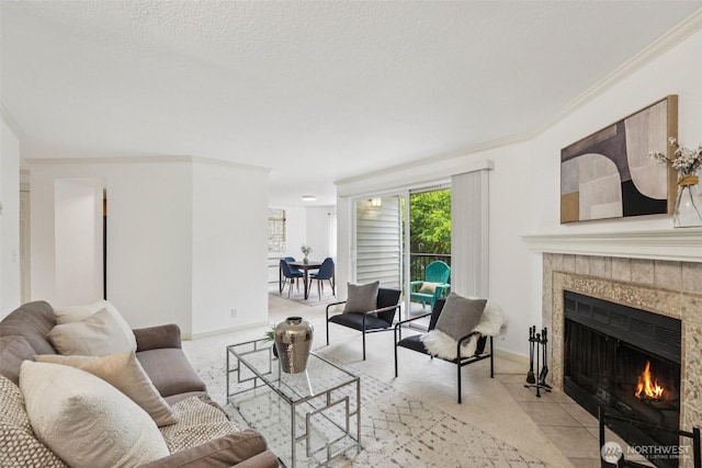 10004 100th Ave NE Unit K202, Kirkland, WA 98034 - carpeted living room featuring a tiled fireplace and ornamental molding