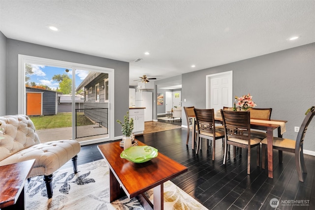 16318 128th Pl SE, Renton, WA 98058 - dining space with recessed lighting, dark wood-type flooring, a textured ceiling, and ceiling fan